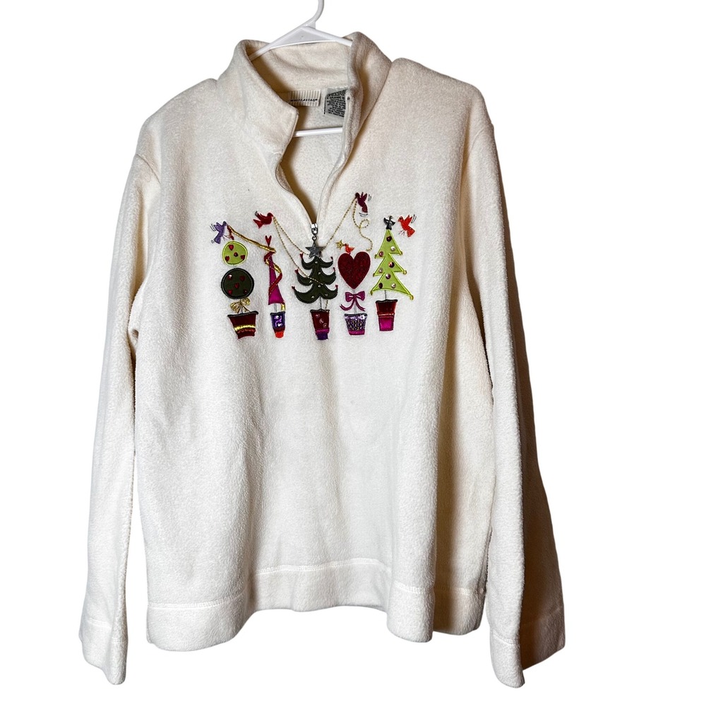 White Stag Christmas Fleece Pullover Ivory Embroidered Holiday Trees W5512852 XL